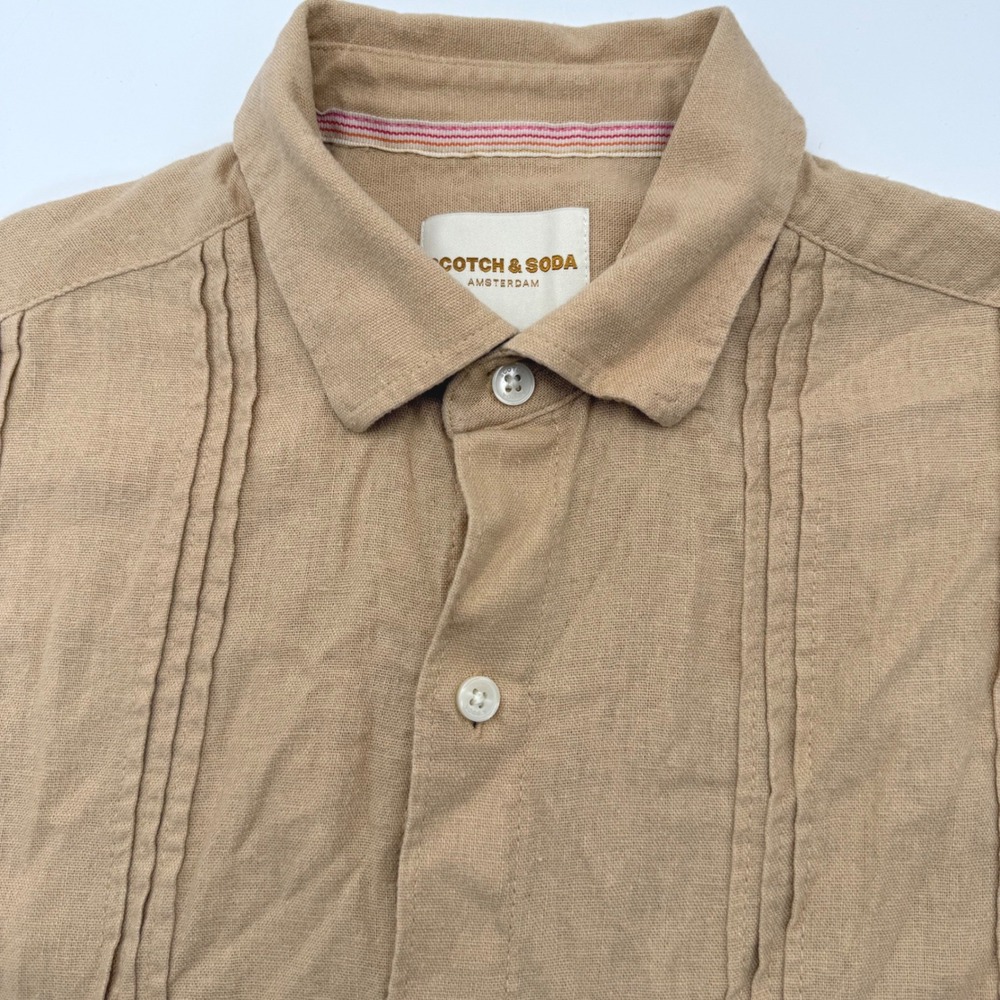 Scotch & Soda Button Down Mens Small Tan Linen Blend Pintuck Short Sleeve Shirt